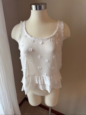 White Abercrombie Floral Appliqué Ruffle Tank Top